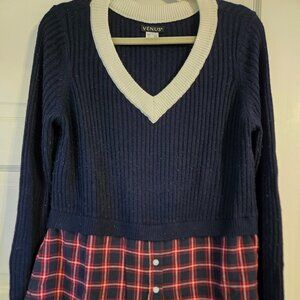 VENUS Navy & Red Plaid Twofer Color Block Sweater - Size L